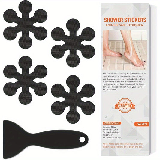 Non Slip Bathtub Stickers Shower Stickers for Safety Bathroom Tubs Bathtub Non Slip Stickers and Adhesive Decals Scraper for Bath Tub Shower Floor Stairs Ladders Snow Shape Clear (24 Black)