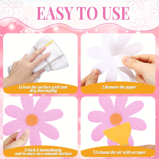 24pcs Flower Non Slip Bathtub Sticker Daisy Skidproof Shower Sticker Anti Slip Shower Decals Bathe Treads Adhesive Appliques Scraper Bright Flower Adhesive Decal For Bathroom Decor (Pink)