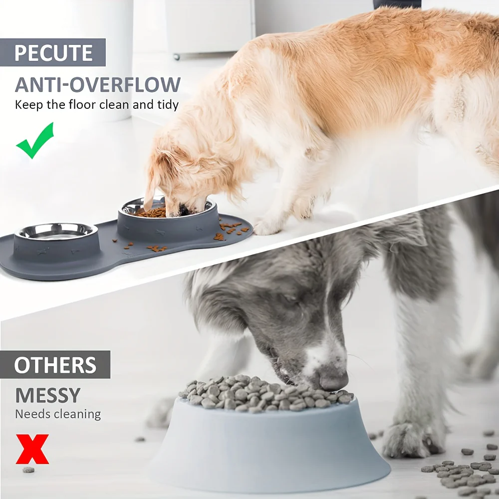 2-in-1 Dog Feeding & Watering Station, Thermoplastic Rubber Pet Bowl Mat with Stainless Steel Dual Bowls, Anti-Spill Pet Feeder, Includes Bowl Holder, Ideal for All Dog Breeds
